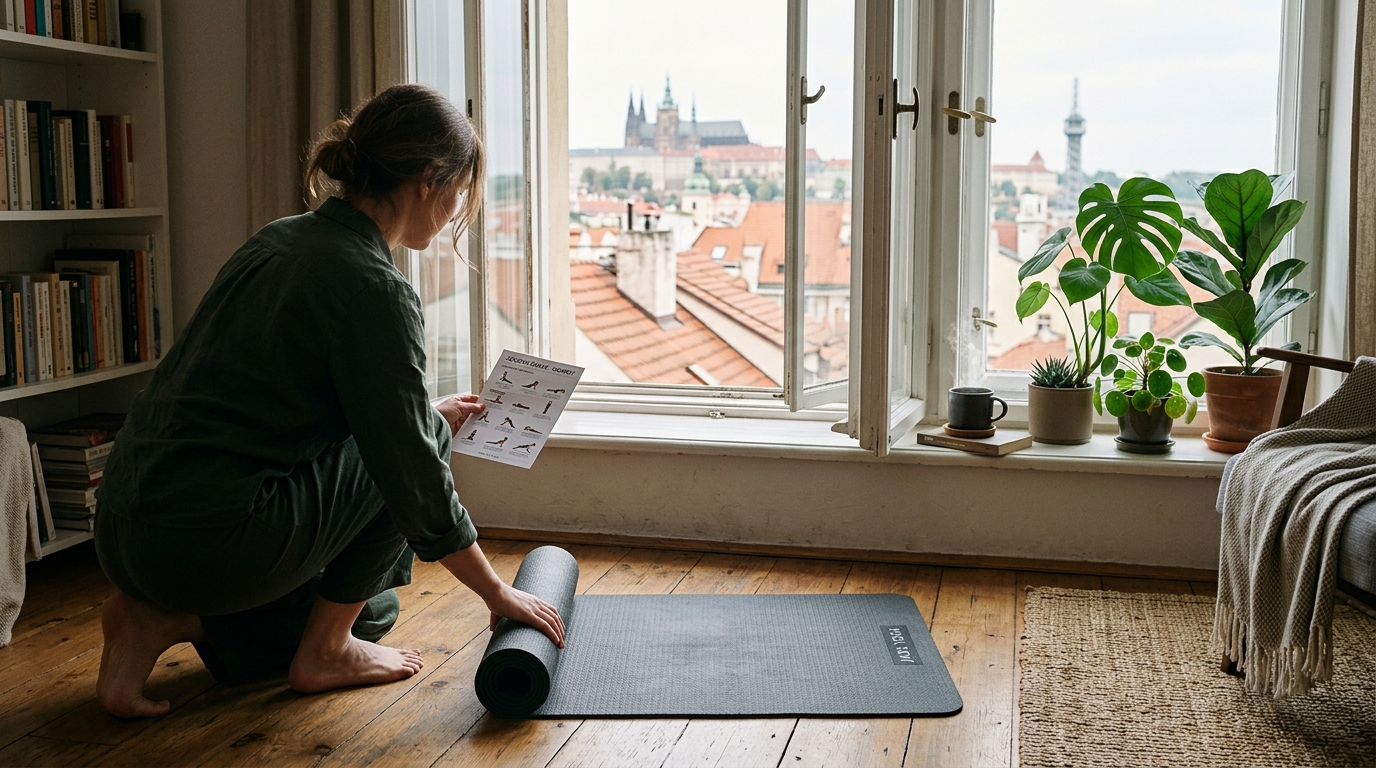 Tichý čtenář v pražském bytě rozkládá tenkou cestovní podložku na dřevěné podlaze vedle okna s výhledem na střechy